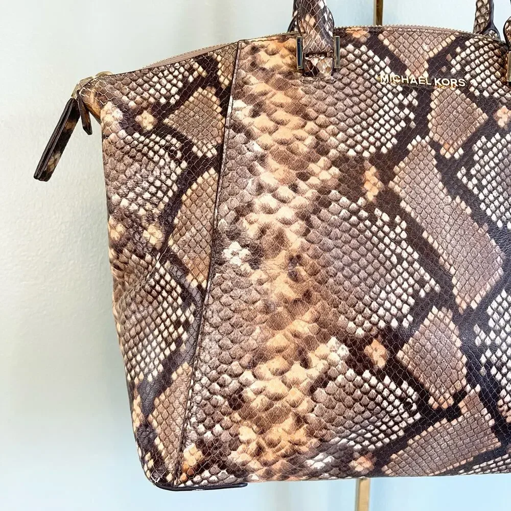 Michael Kors Embossed Leather Snakeskin Python Print Riley Satchel Hand Bag - Picture 12 of 13